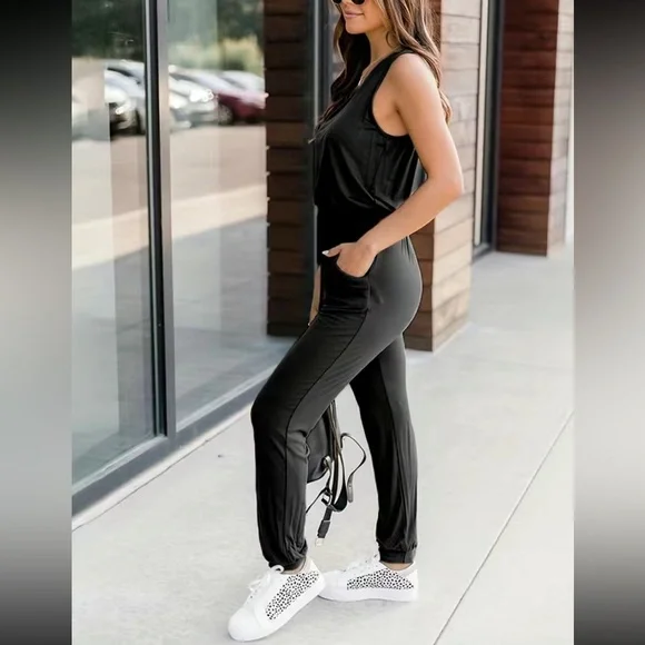 Boho sleeveless drawstring waist jumpsuit
